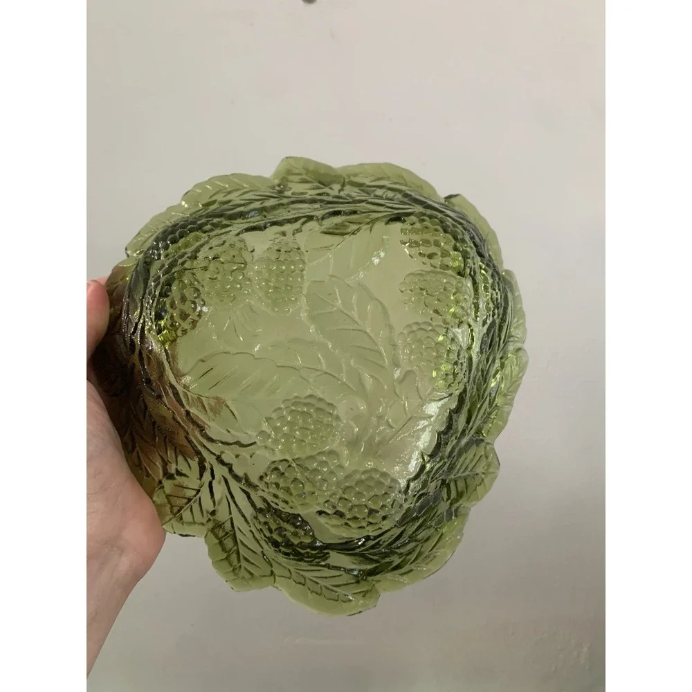 Vintage Indiana Glass Loganberry Candy Dish Avocado Green Berry Leaf Bowl